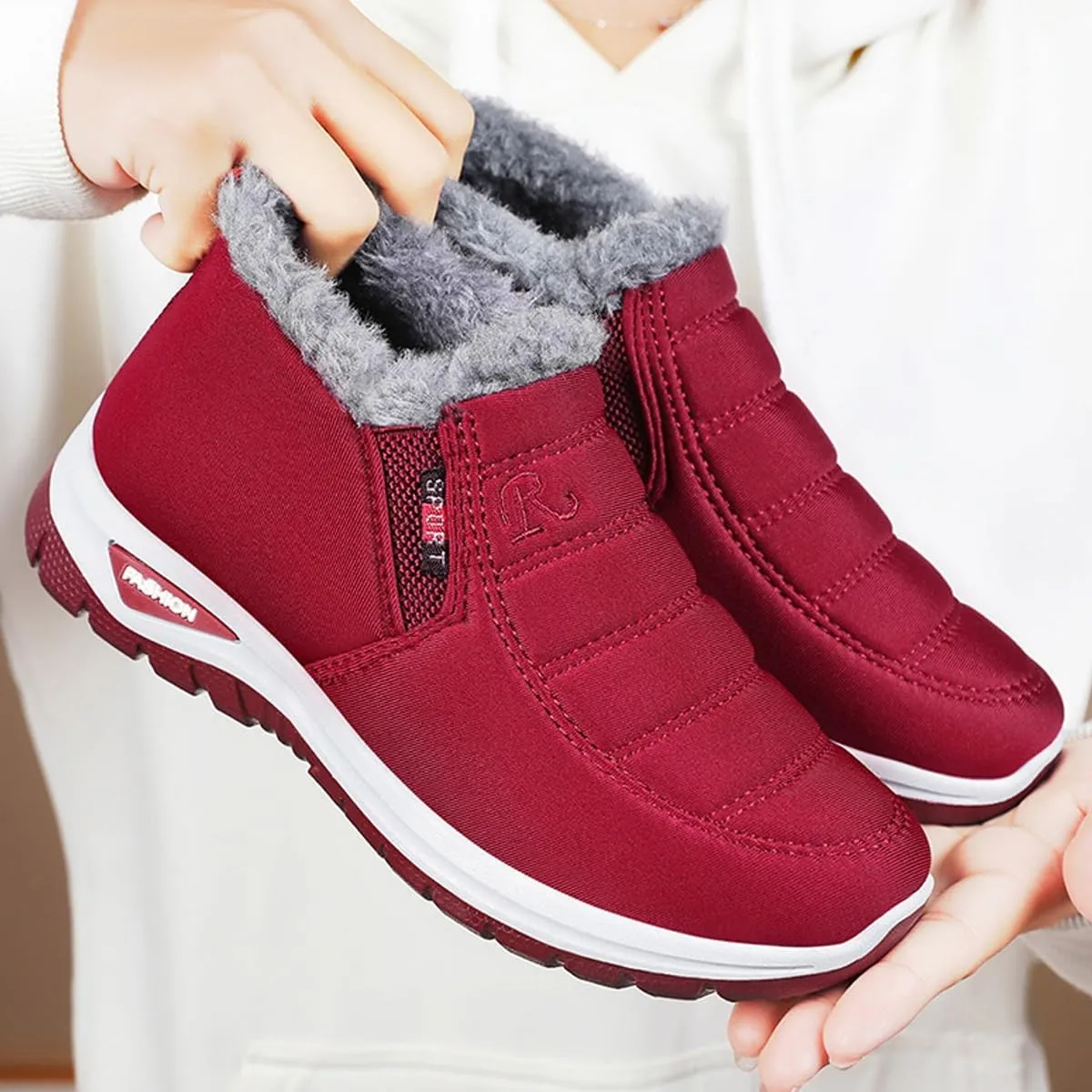 Women's Warm Sheepskin-Lined Boots,Orthopedic Walking Fur Fuzzy Thermal Soft Booties,Comfortable Waterproof Ladies Winter Ankle Slip on Short Snow Fur Lined Boots, Wide Warm Arch Support Shoes(Red,10.