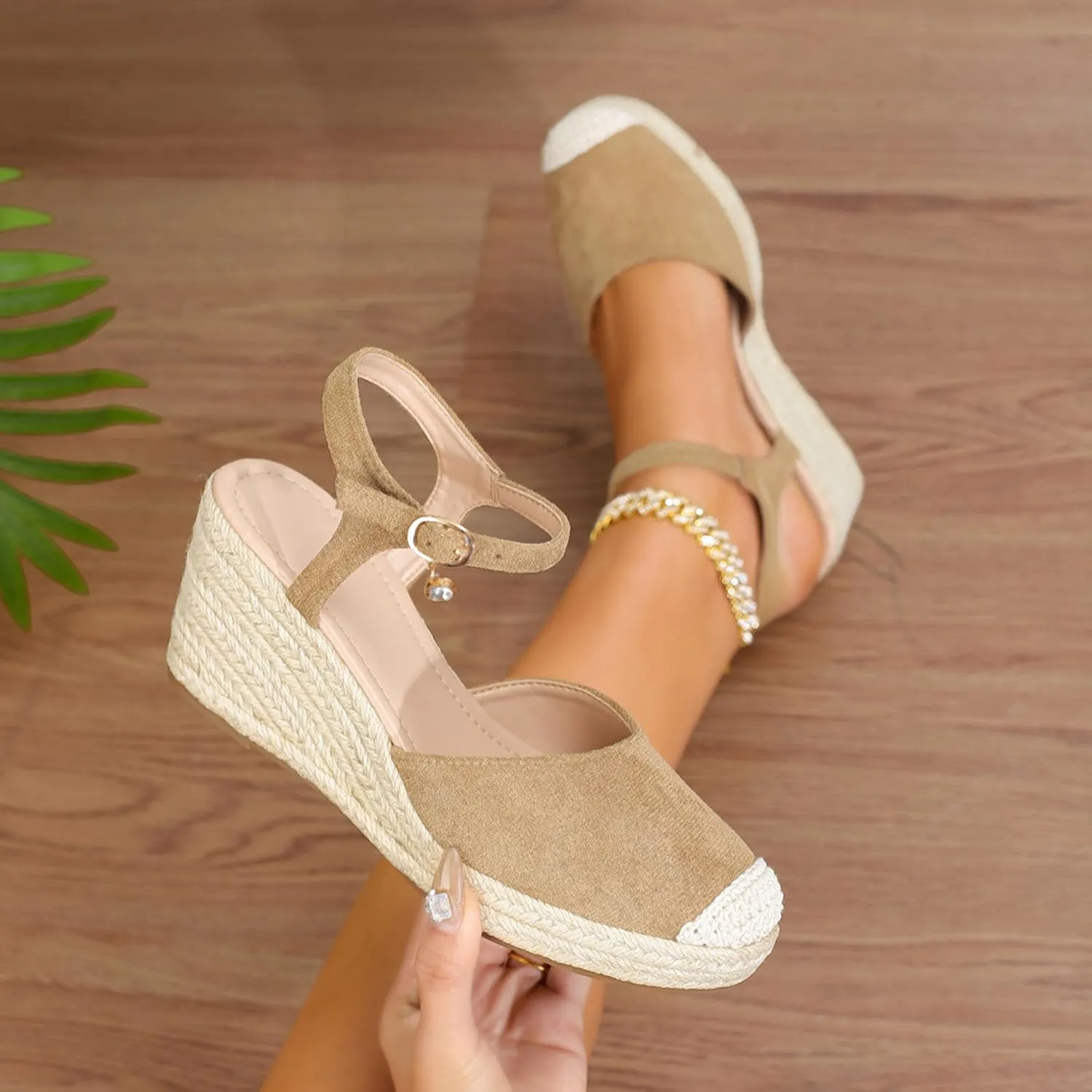 Women's Wedge Sandals, Closed Toe Espadrilles Sandals with Adjustable Ankle Straps & Cushion Insoles Casual Comfortable Wedge Sandals
