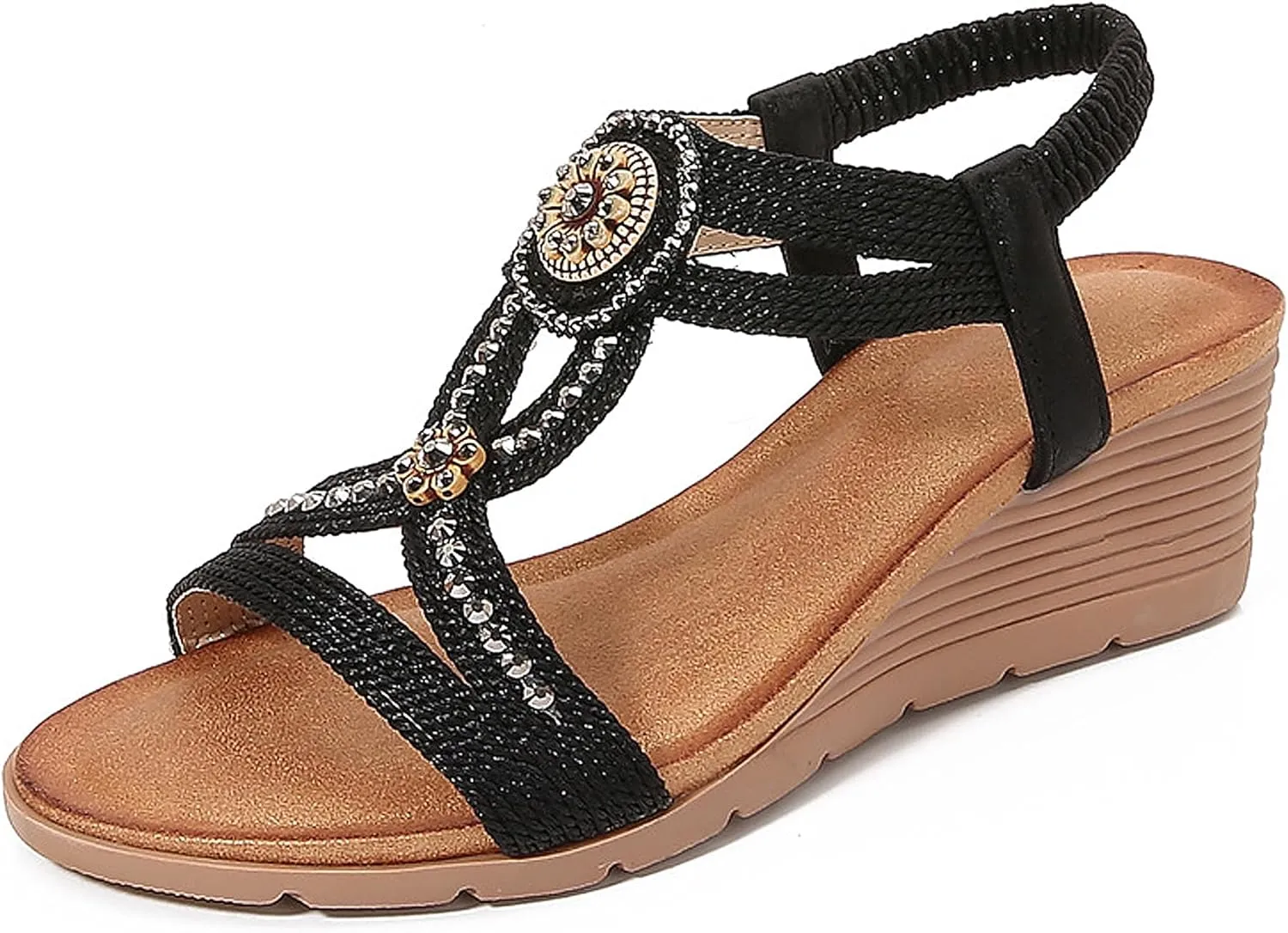 Women's Wedge Sandals Summer Comfortable Casual Bohemian Beach Rhinestone Platform Elastic Bands Round Toe Pumps Dress Slingback Open-Toe Low Heel Shoes