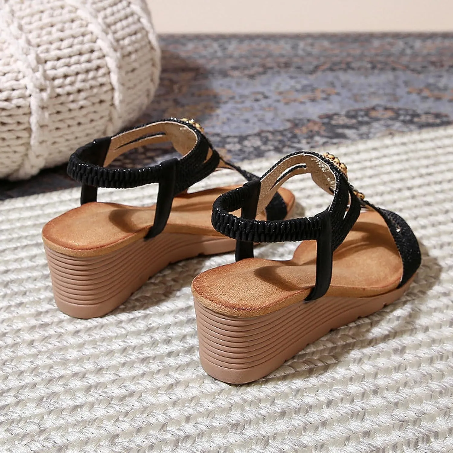 Women's Wedge Sandals Summer Comfortable Casual Bohemian Beach Rhinestone Platform Elastic Bands Round Toe Pumps Dress Slingback Open-Toe Low Heel Shoes