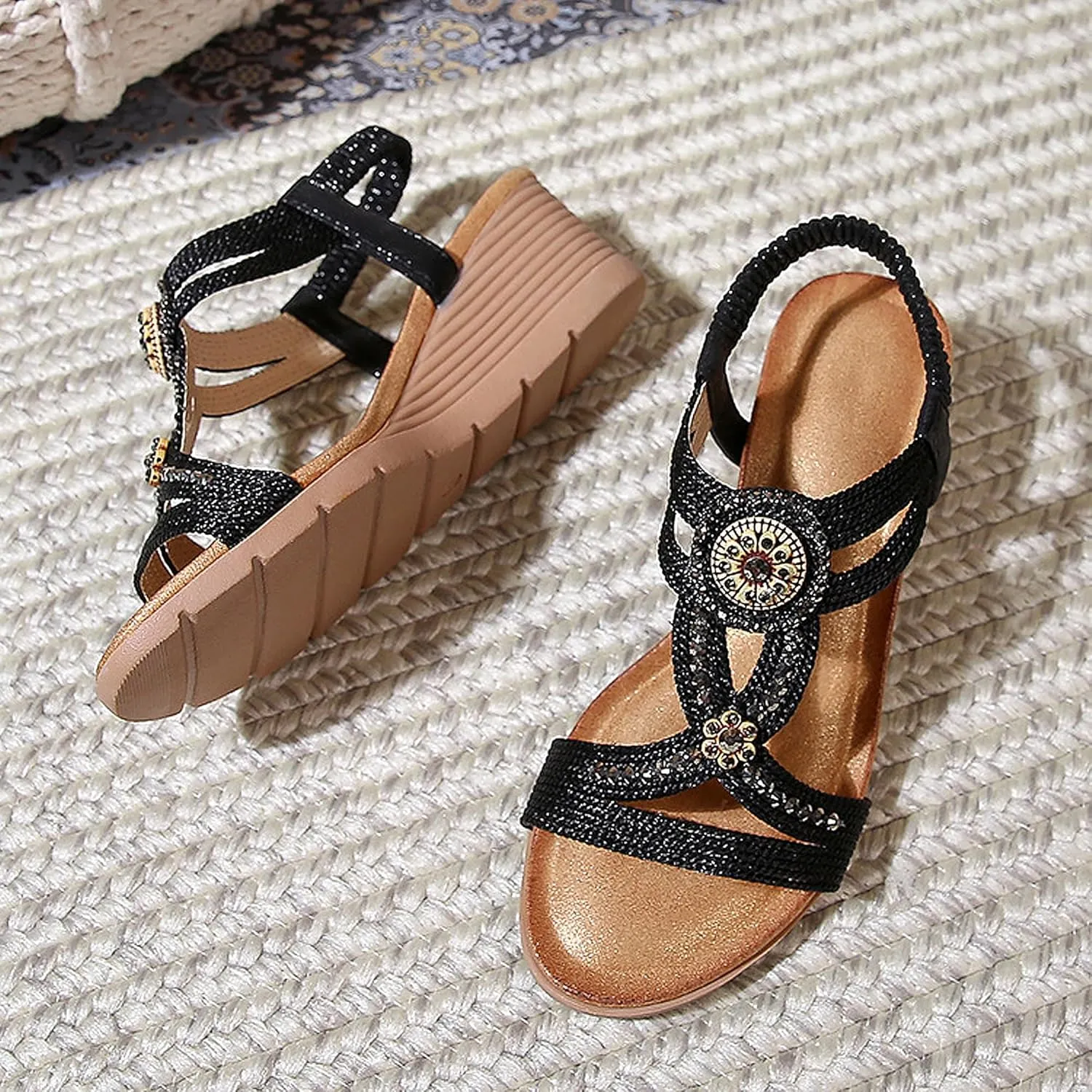 Women's Wedge Sandals Summer Comfortable Casual Bohemian Beach Rhinestone Platform Elastic Bands Round Toe Pumps Dress Slingback Open-Toe Low Heel Shoes
