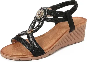 Women's Wedge Sandals Summer Comfortable Casual Bohemian Beach Rhinestone Platform Elastic Bands Round Toe Pumps Dress Slingback Open-Toe Low Heel Shoes
