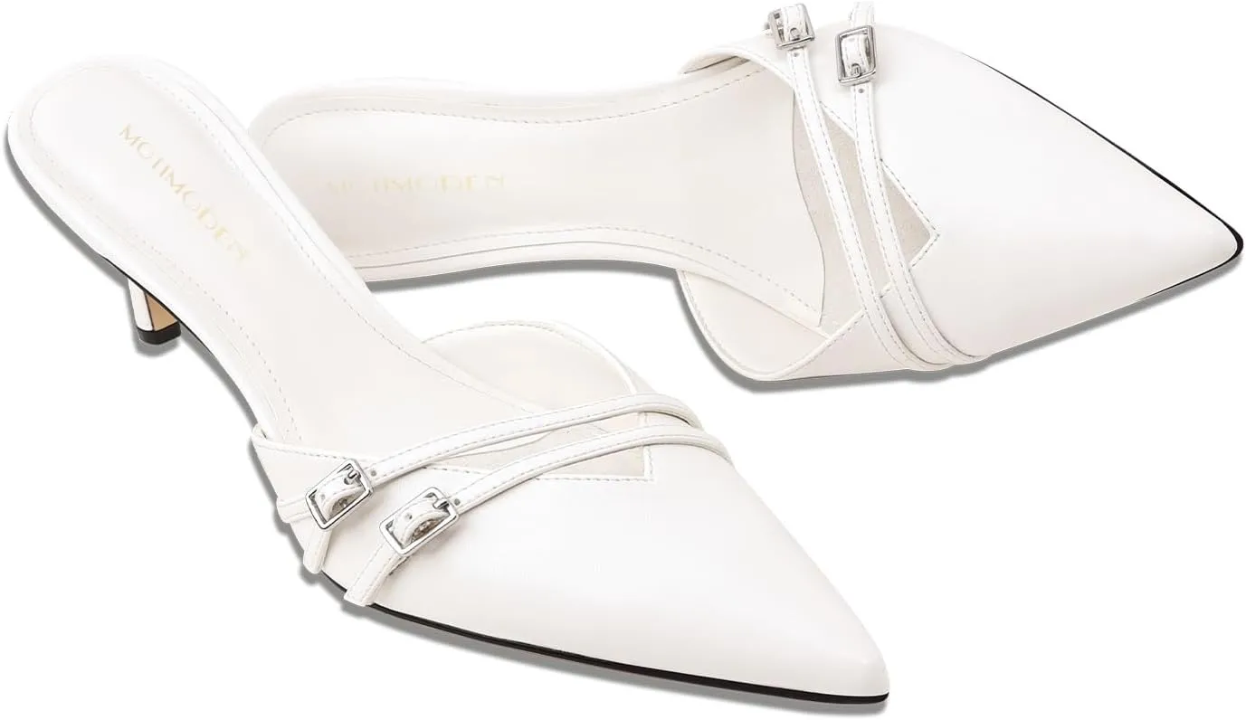 Women's White Pointed Toe Heels Dressy Heels Kitten Heels for Women Vintage Heeled Sandals Mules Sexy Pointy Studded Heels Trendy Slip On Stiletto Heels Pumps