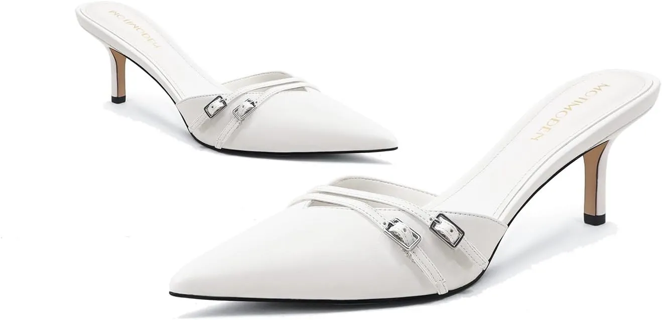 Women's White Pointed Toe Heels Dressy Heels Kitten Heels for Women Vintage Heeled Sandals Mules Sexy Pointy Studded Heels Trendy Slip On Stiletto Heels Pumps