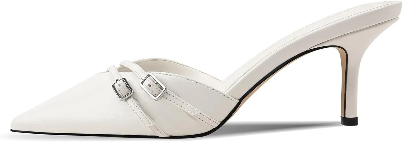 Women's White Pointed Toe Heels Dressy Heels Kitten Heels for Women Vintage Heeled Sandals Mules Sexy Pointy Studded Heels Trendy Slip On Stiletto Heels Pumps