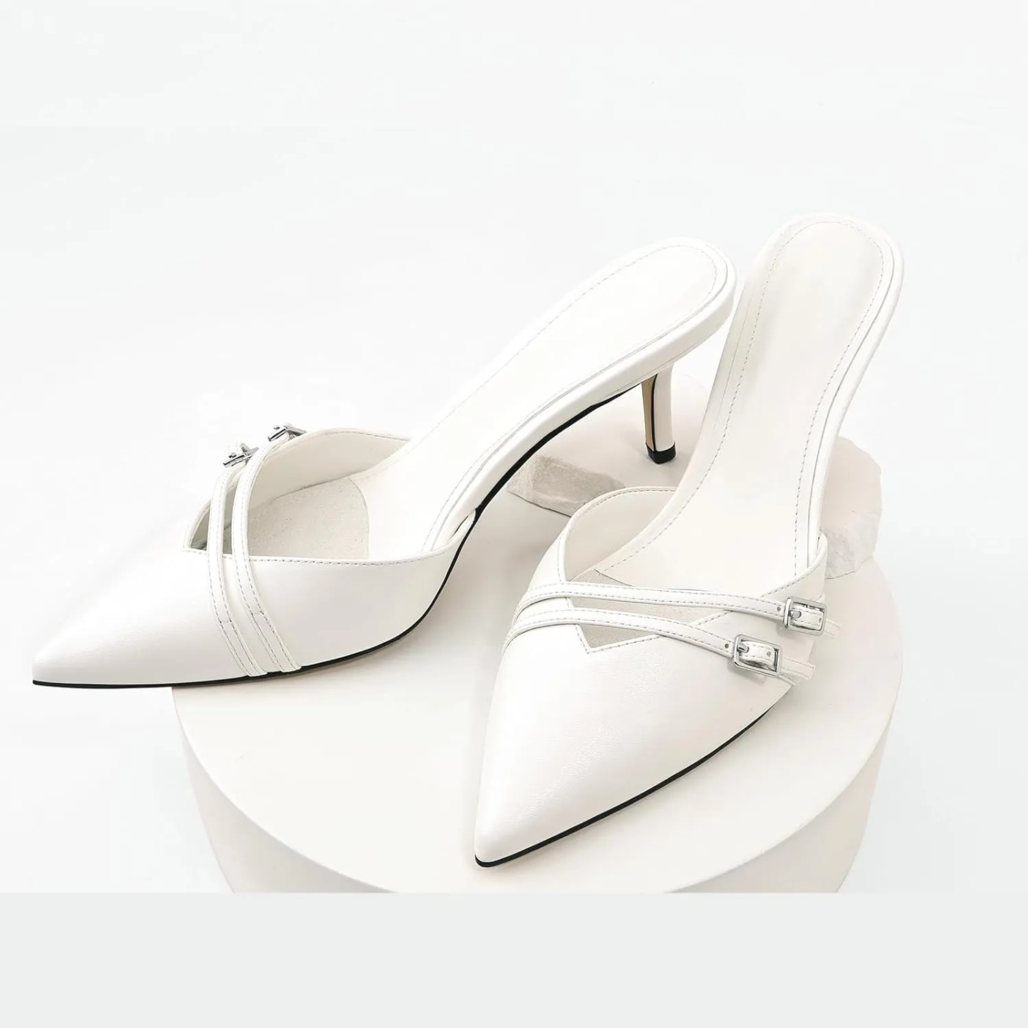 Women's White Pointed Toe Heels Dressy Heels Kitten Heels for Women Vintage Heeled Sandals Mules Sexy Pointy Studded Heels Trendy Slip On Stiletto Heels Pumps