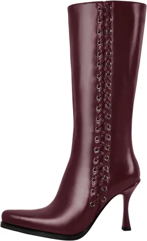 Women's Zip Up Mid Calf Boots Pointy Toe Faux Leather Stilettos High Heels