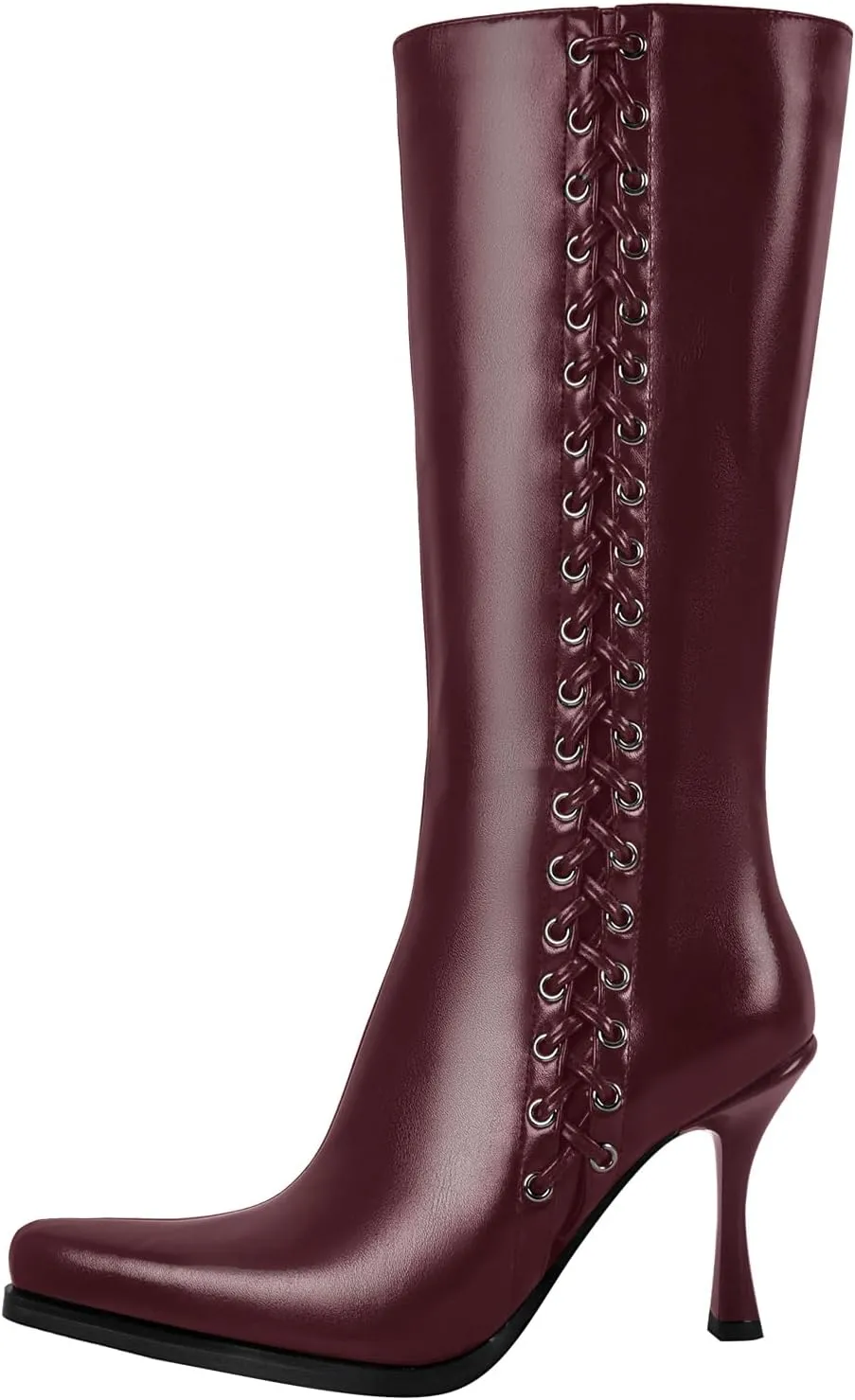 Women's Zip Up Mid Calf Boots Pointy Toe Faux Leather Stilettos High Heels