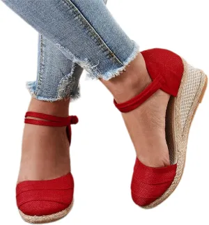 Womenyiaor Sandals for Women Dressy Summer, Women's Ankle Strap Closed Toe Espadrille Wedge Sandals Dressy Platform Wedge Sandals Casual Shoes (b-Red, 8)