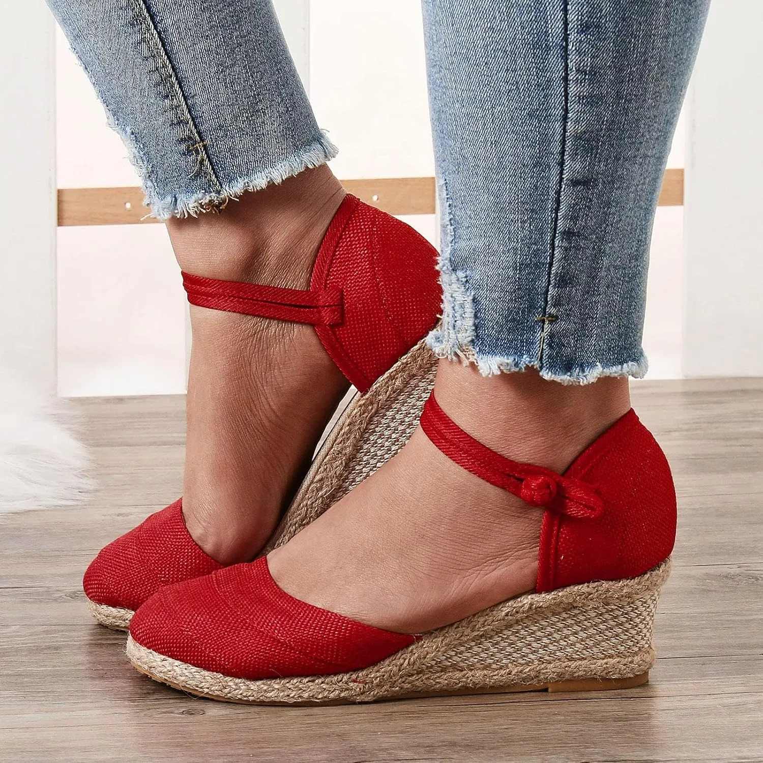 Womenyiaor Sandals for Women Dressy Summer, Women's Ankle Strap Closed Toe Espadrille Wedge Sandals Dressy Platform Wedge Sandals Casual Shoes (b-Red, 8)