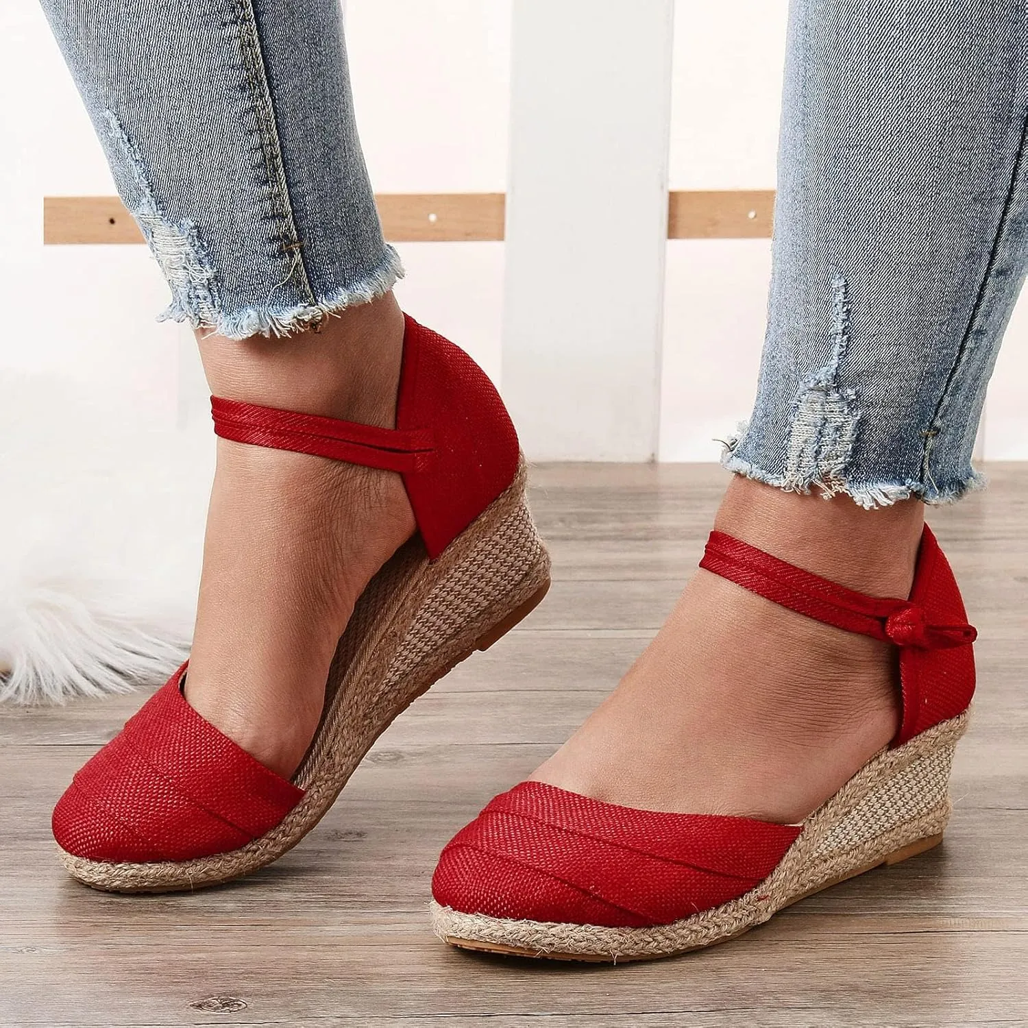 Womenyiaor Sandals for Women Dressy Summer, Women's Ankle Strap Closed Toe Espadrille Wedge Sandals Dressy Platform Wedge Sandals Casual Shoes (b-Red, 8)