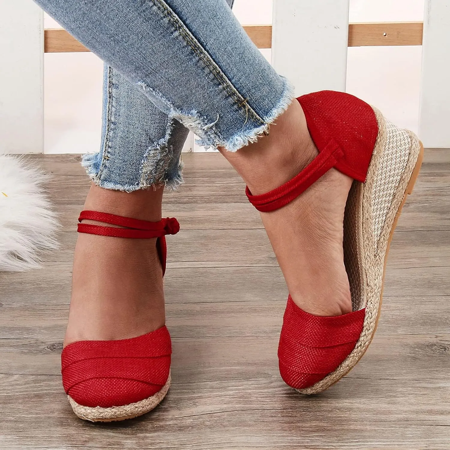 Womenyiaor Sandals for Women Dressy Summer, Women's Ankle Strap Closed Toe Espadrille Wedge Sandals Dressy Platform Wedge Sandals Casual Shoes (b-Red, 8)