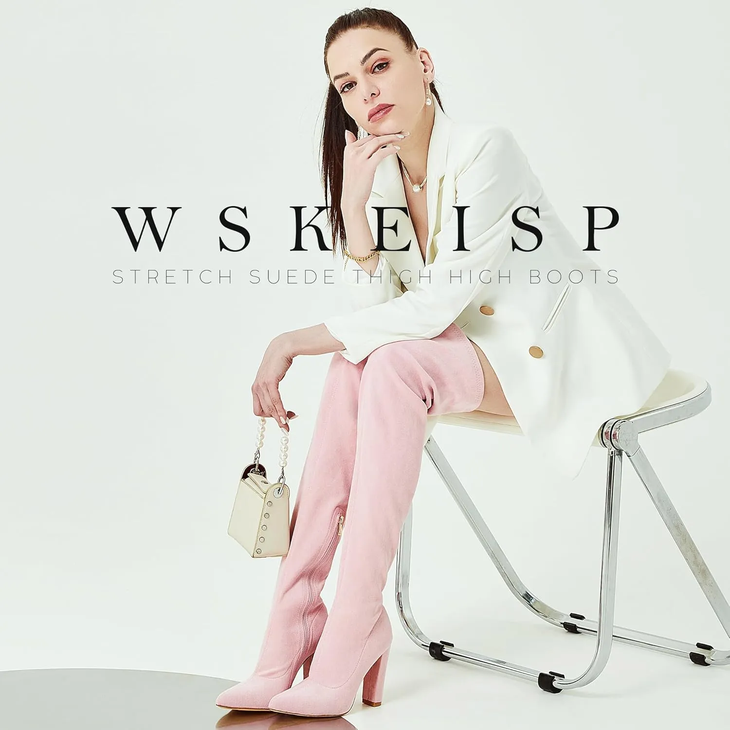 WSKEISP Women's Thigh High Boots Stretch Suede Over The Knee High Boots 4.13IN Chunky Heel Fall Winter Boots