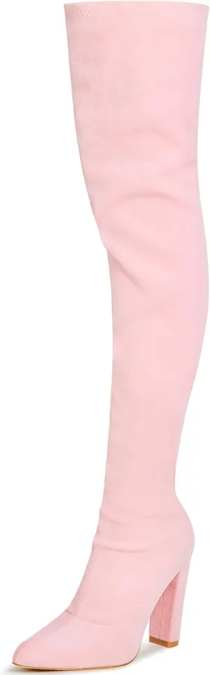 WSKEISP Women's Thigh High Boots Stretch Suede Over The Knee High Boots 4.13IN Chunky Heel Fall Winter Boots