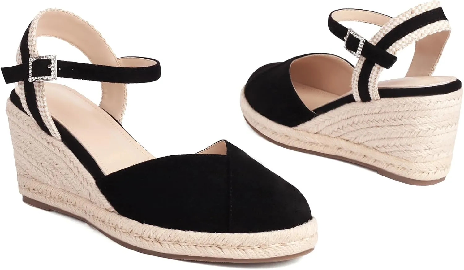 XIEDA Women's Classic Wedge Sandals 3 Inch Closed Toe Platform Espadrilles Adjustable Ankle Strap Comfortable Summer Faux Suede Wedges Shoes