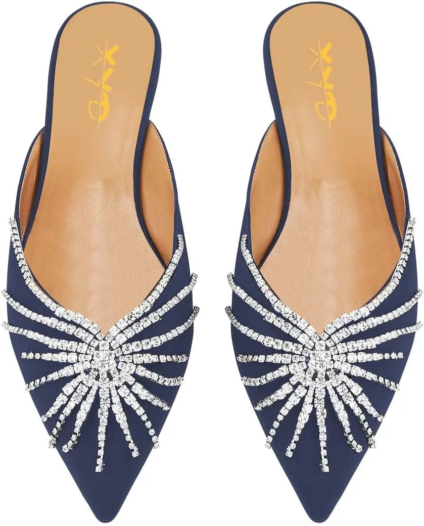 XYD Sparkling Flats for Women Closed Pointed Toe Mules Spidery Rhinestone Metallic Plated Heel Slip On Cocktail Dress Shoes