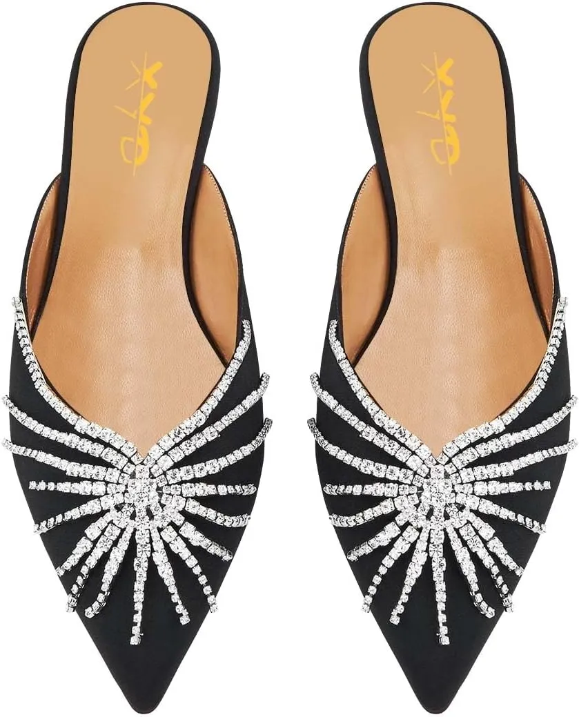 XYD Sparkling Flats for Women Closed Pointed Toe Mules Spidery Rhinestone Metallic Plated Heel Slip On Cocktail Dress Shoes