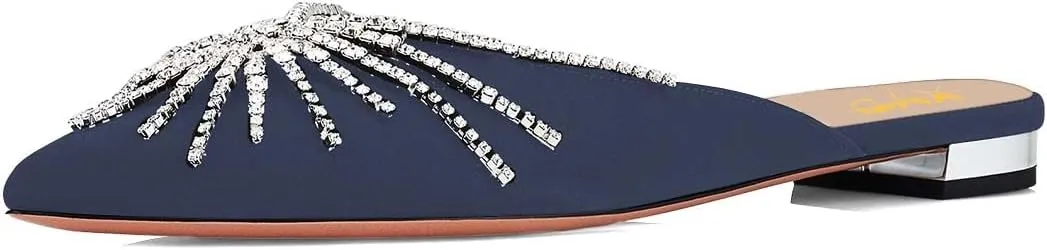 XYD Sparkling Flats for Women Closed Pointed Toe Mules Spidery Rhinestone Metallic Plated Heel Slip On Cocktail Dress Shoes