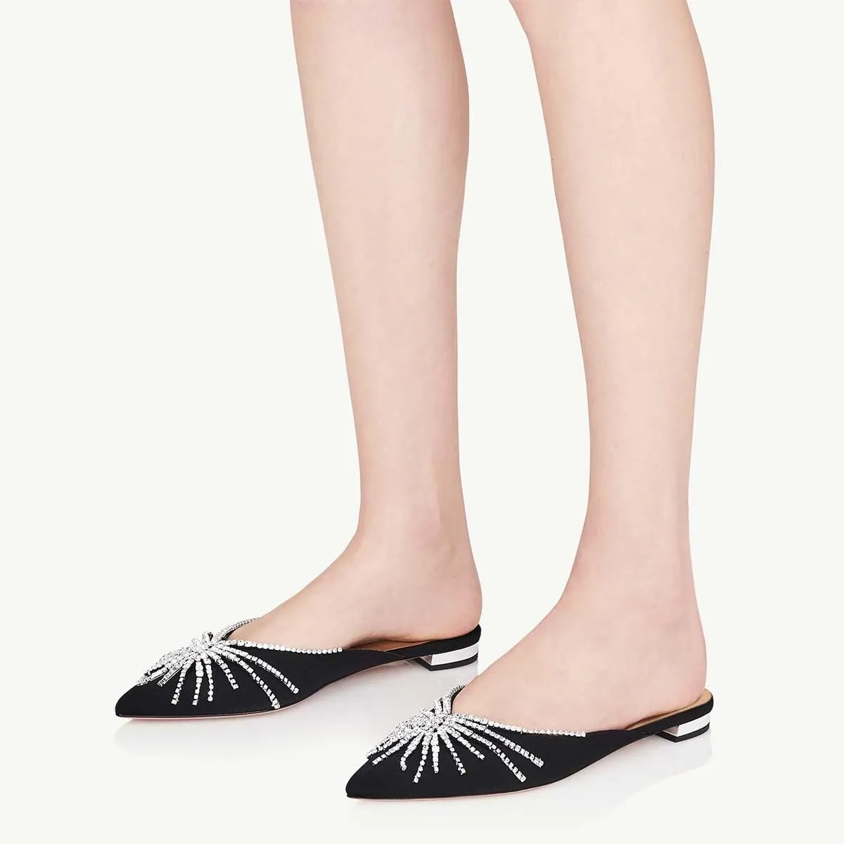 XYD Sparkling Flats for Women Closed Pointed Toe Mules Spidery Rhinestone Metallic Plated Heel Slip On Cocktail Dress Shoes