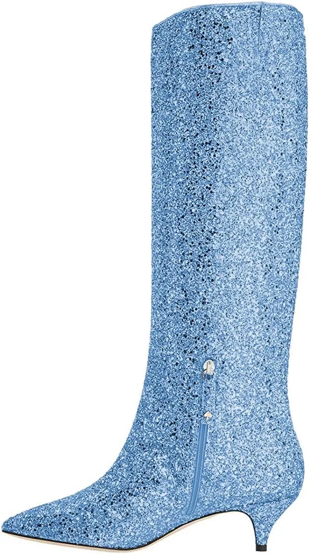 XYD Women Chic Pointy Toe Glitter Knee High Boots Kitten Low Heel Pull On Sequins Sparkly Booties with Side Zipper Dress Shoes