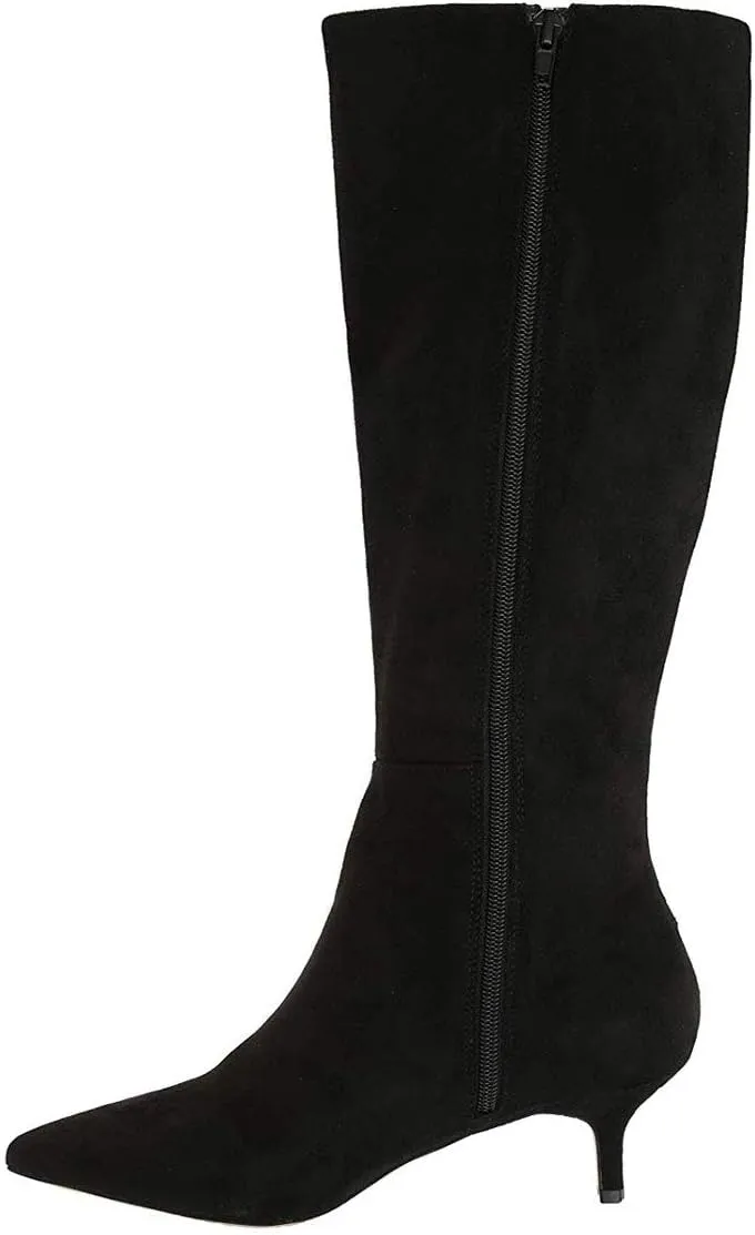 XYD Women Chic Pointy Toe Glitter Knee High Boots Kitten Low Heel Pull On Sequins Sparkly Booties with Side Zipper Dress Shoes