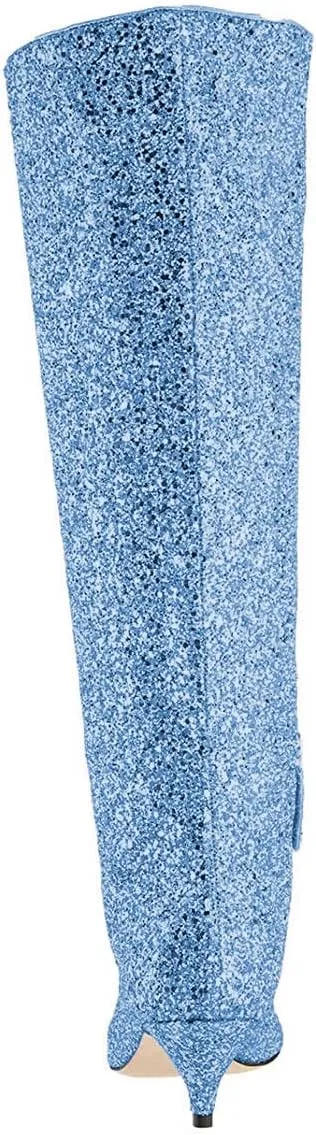 XYD Women Chic Pointy Toe Glitter Knee High Boots Kitten Low Heel Pull On Sequins Sparkly Booties with Side Zipper Dress Shoes