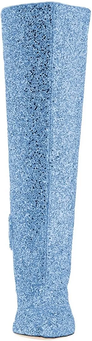 XYD Women Chic Pointy Toe Glitter Knee High Boots Kitten Low Heel Pull On Sequins Sparkly Booties with Side Zipper Dress Shoes