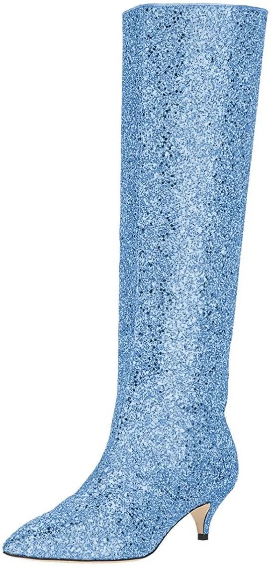 XYD Women Chic Pointy Toe Glitter Knee High Boots Kitten Low Heel Pull On Sequins Sparkly Booties with Side Zipper Dress Shoes