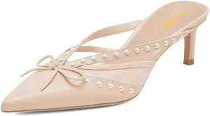 XYD Women Closed Pointed Toe Bowknot Mules Comfortable Low Heels Glossy Pearls Slip On Slides Party Dress Shoes