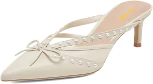XYD Women Closed Pointed Toe Bowknot Mules Comfortable Low Heels Glossy Pearls Slip On Slides Party Dress Shoes