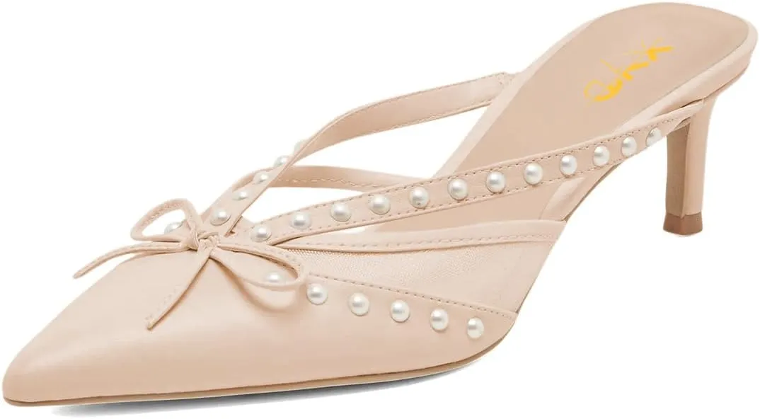XYD Women Closed Pointed Toe Bowknot Mules Comfortable Low Heels Glossy Pearls Slip On Slides Party Dress Shoes