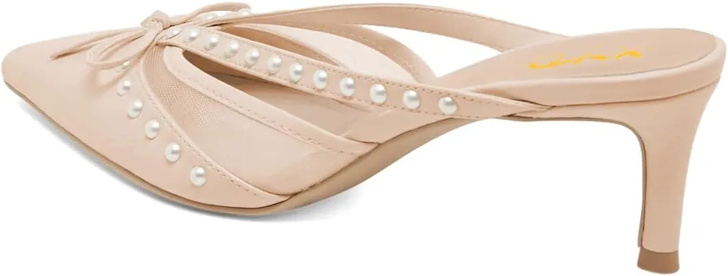 XYD Women Closed Pointed Toe Bowknot Mules Comfortable Low Heels Glossy Pearls Slip On Slides Party Dress Shoes