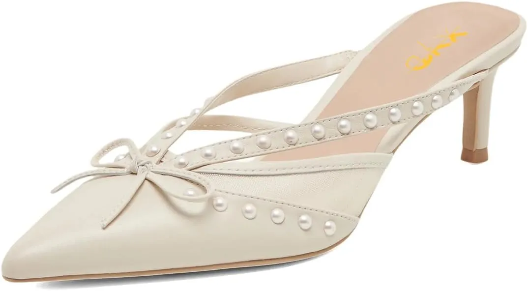 XYD Women Closed Pointed Toe Bowknot Mules Comfortable Low Heels Glossy Pearls Slip On Slides Party Dress Shoes
