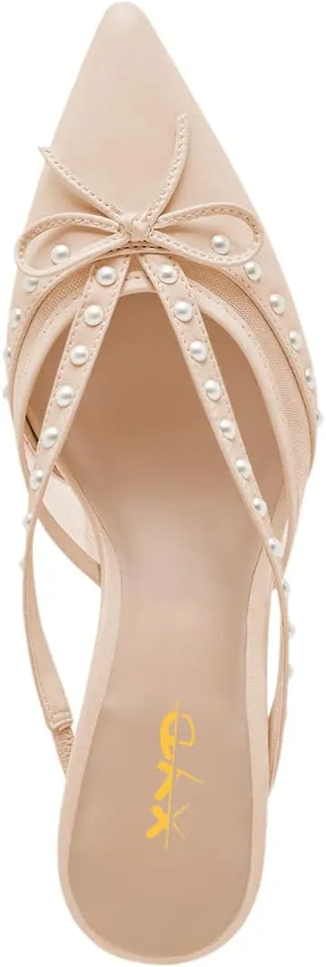 XYD Women Closed Pointed Toe Bowknot Mules Comfortable Low Heels Glossy Pearls Slip On Slides Party Dress Shoes