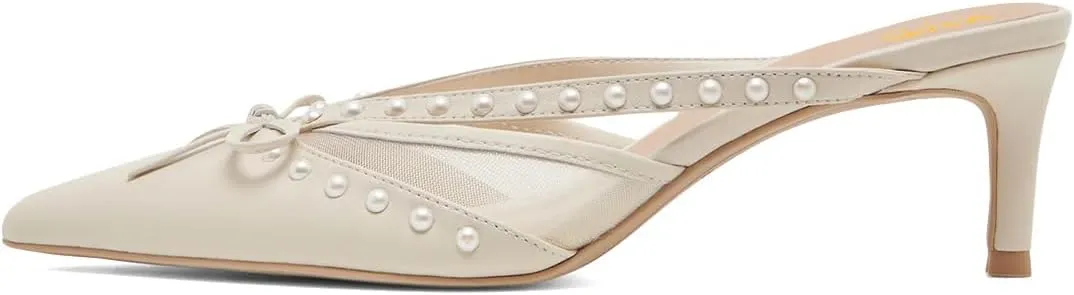 XYD Women Closed Pointed Toe Bowknot Mules Comfortable Low Heels Glossy Pearls Slip On Slides Party Dress Shoes