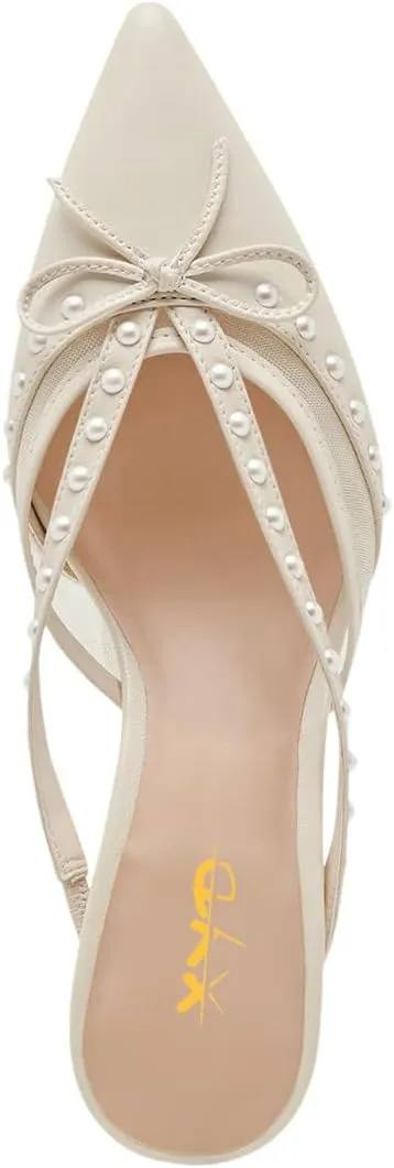 XYD Women Closed Pointed Toe Bowknot Mules Comfortable Low Heels Glossy Pearls Slip On Slides Party Dress Shoes