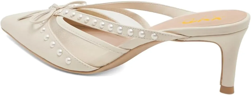 XYD Women Closed Pointed Toe Bowknot Mules Comfortable Low Heels Glossy Pearls Slip On Slides Party Dress Shoes