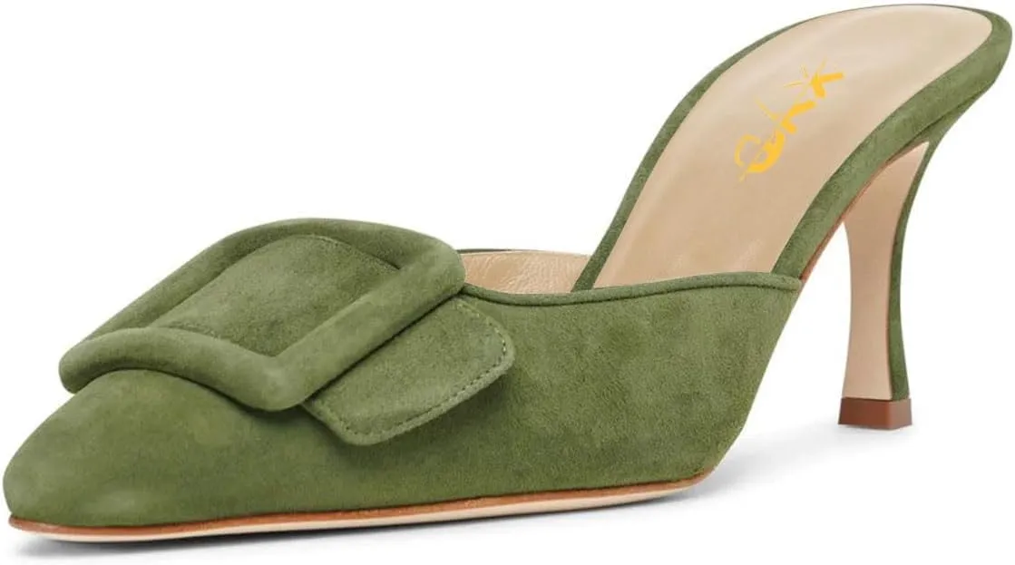 XYD Women Closed Pointed Toe Mules with Buckle High Heel Stiletto Slip On Open-back Slides Dress Casual Fashion Shoes