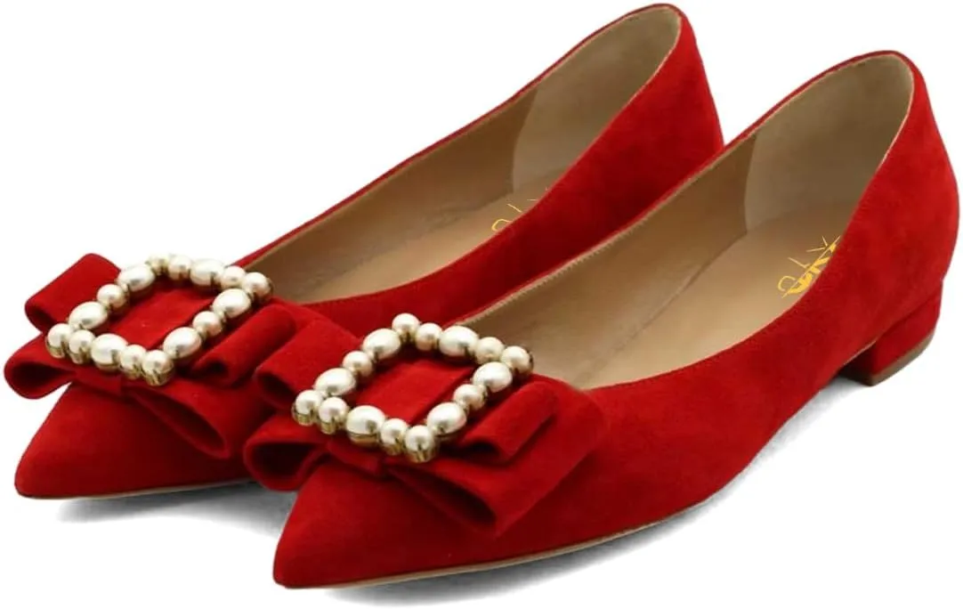 XYD Women Comfort Dressy Pointed Toe Flats with Crystals Glossy Pearls Buckle Slip On Knot Loafers Bridal Party Fashion Daily Shoes