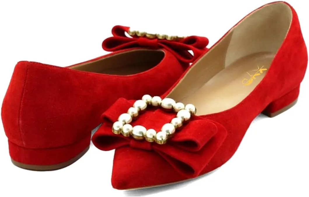 XYD Women Comfort Dressy Pointed Toe Flats with Crystals Glossy Pearls Buckle Slip On Knot Loafers Bridal Party Fashion Daily Shoes