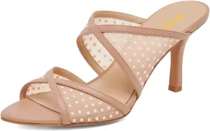 XYD Women Crossed Straps Translucent Mesh Mules with Pearls Mid Heel Shoes Pointed Open Toe Sandals for Wedding Holiday