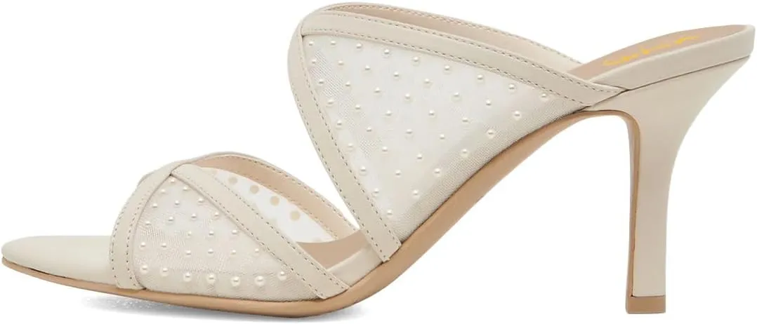 XYD Women Crossed Straps Translucent Mesh Mules with Pearls Mid Heel Shoes Pointed Open Toe Sandals for Wedding Holiday