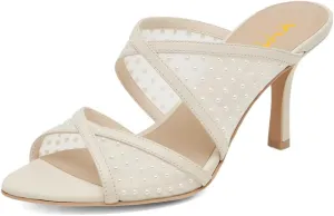 XYD Women Crossed Straps Translucent Mesh Mules with Pearls Mid Heel Shoes Pointed Open Toe Sandals for Wedding Holiday