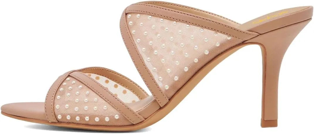 XYD Women Crossed Straps Translucent Mesh Mules with Pearls Mid Heel Shoes Pointed Open Toe Sandals for Wedding Holiday