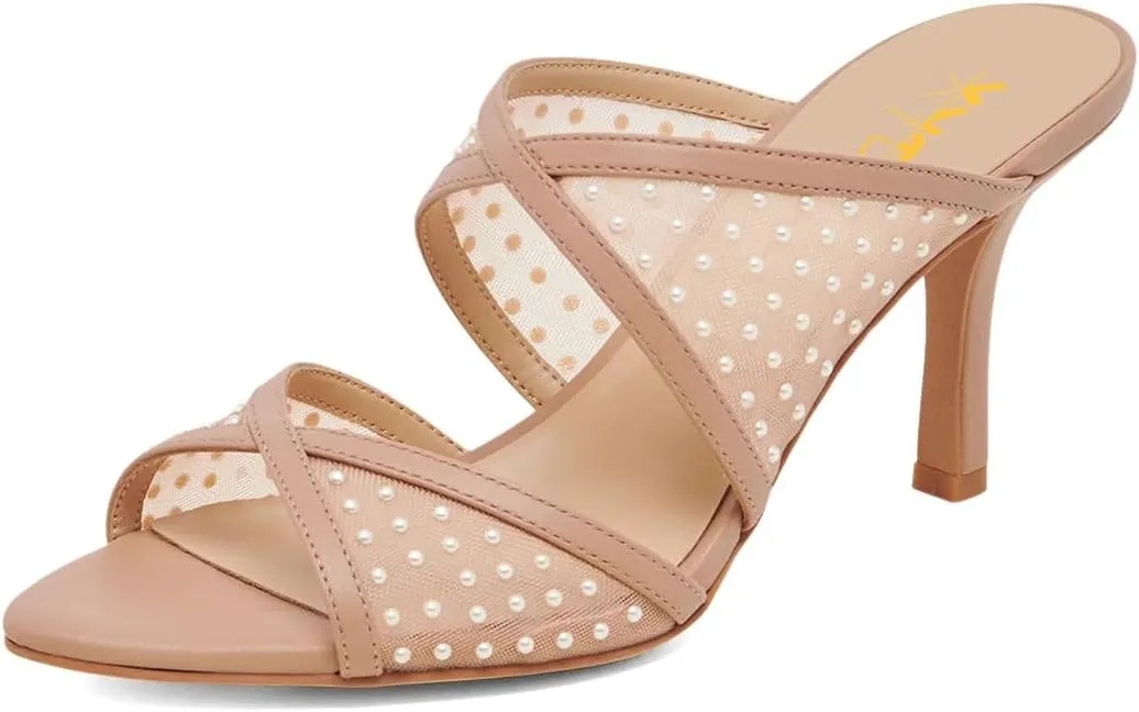 XYD Women Crossed Straps Translucent Mesh Mules with Pearls Mid Heel Shoes Pointed Open Toe Sandals for Wedding Holiday