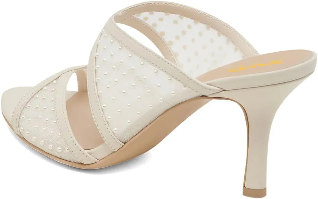 XYD Women Crossed Straps Translucent Mesh Mules with Pearls Mid Heel Shoes Pointed Open Toe Sandals for Wedding Holiday