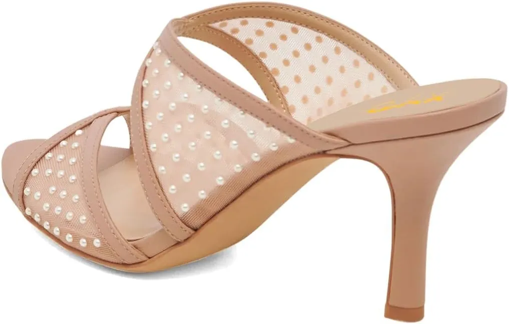 XYD Women Crossed Straps Translucent Mesh Mules with Pearls Mid Heel Shoes Pointed Open Toe Sandals for Wedding Holiday