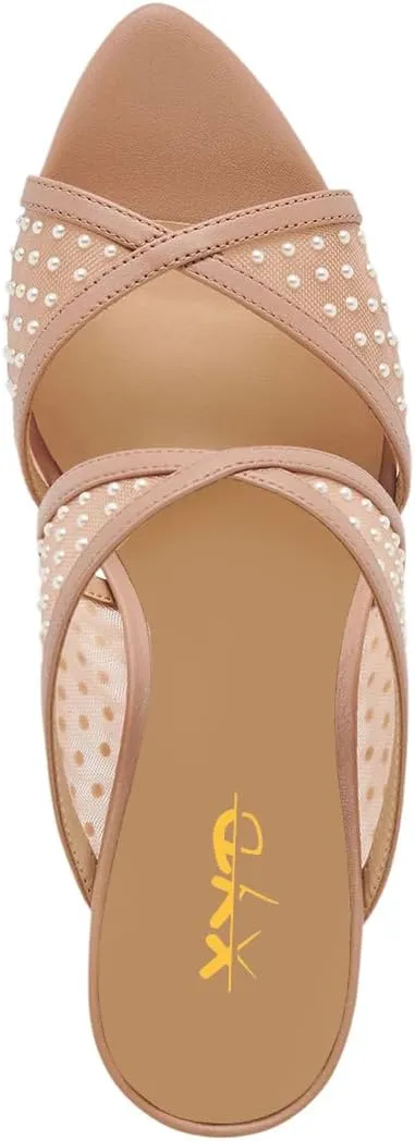 XYD Women Crossed Straps Translucent Mesh Mules with Pearls Mid Heel Shoes Pointed Open Toe Sandals for Wedding Holiday