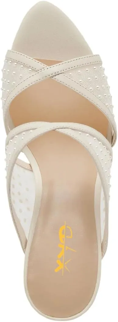 XYD Women Crossed Straps Translucent Mesh Mules with Pearls Mid Heel Shoes Pointed Open Toe Sandals for Wedding Holiday
