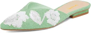 XYD Women Pointed Toe Embroidery Flat Mules Spring Summer Comfort Slip-on Holiday Bridal Dress Shoes